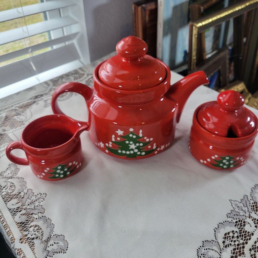 Waechtersbach Christmas Tree Tea Pot Creamer & Sugar Set W. Germany pre-1990